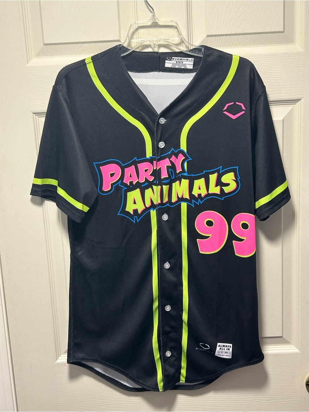 PARTY ANIMALS EVOSHIELD SHORT SLEEVE BASEBALL JERSEY #99 BLACK SIZE SMALL